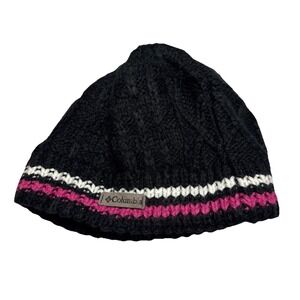 Columbia Youth SM Beanie Black Pink White Striped Fleece Lined Knit Hat CY0077